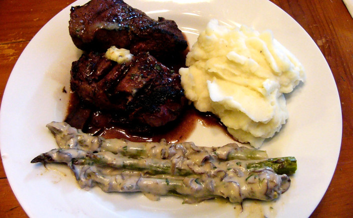 Filet Mignon in Red Wine Reduction Sauce with Tarragon-Garlic Butter